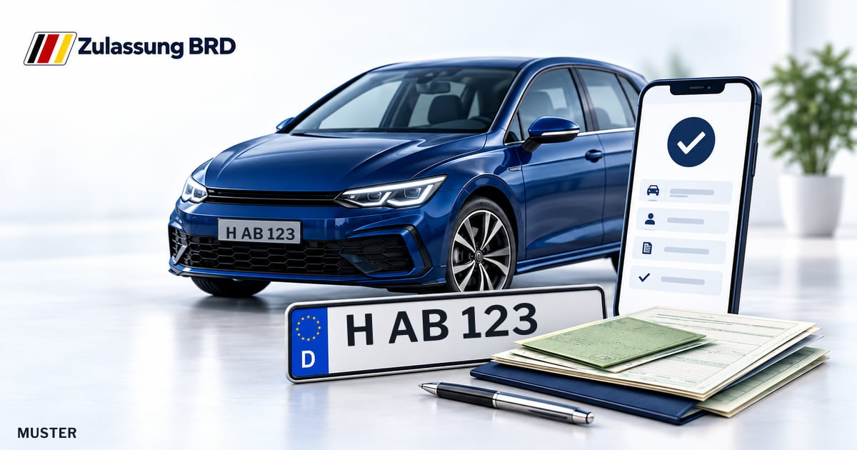 Online Fahrzeugzulassung in Isernhagen: Musterkennzeichen H AB 123, Auto und Fahrzeugpapiere und Smartphone. Illustration mit Logo von Zulassung BRD.